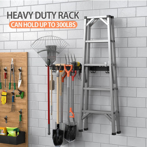 Wall-mounted 48 Inch Garage Tool Organizer with hooks holding shovels, rakes, and ladder in garage setting.