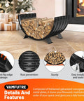 Go-To Rustproof Metal Firewood Rack For Outdoor Fire Pit And Indoor Fireplace Storage Solid Steel Frame With Sturdy Legs Durable And Stylish 24 Inch Diameter Sector Log Holder shown indoors with logs.