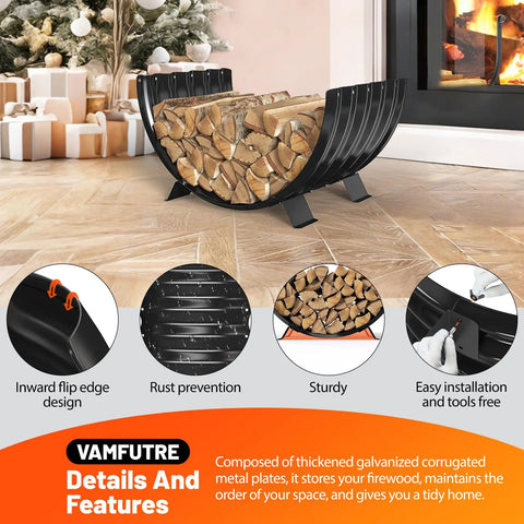 Go-To Rustproof Metal Firewood Rack For Outdoor Fire Pit And Indoor Fireplace Storage Solid Steel Frame With Sturdy Legs Durable And Stylish 24 Inch Diameter Sector Log Holder shown indoors with logs.