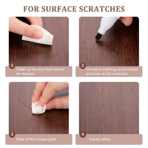 Top Drawer Wood Furniture Touch Up Markers Set Comes With Twelve Realistic Blend Pens Plus A Suede Rag To Beat Back Nicks Scratches And Fading On Your Best Home Pieces Fast, showing repair steps on wood.