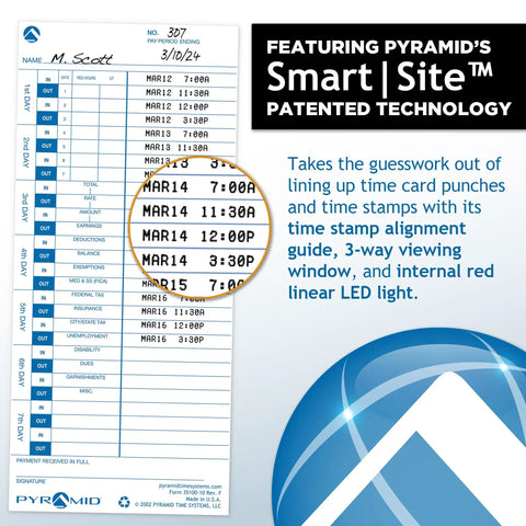 Workhorse Heavy Duty Time Clock And Document Stamp Featuring Smart Led Alignment Dual View Windows For Hassle Free Employee Punch Tracking And No Nonsense Business Attendance Solutions time card showing employee hours.