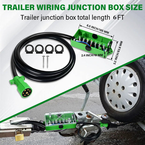 Heavy Duty Six Foot Seven Pin Trailer Wiring Harness With Seven Way Junction Box And Pure Copper Cord, 6FT length, waterproof, durable design.