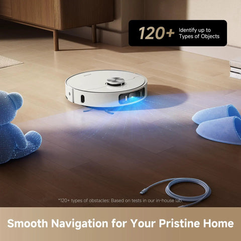 L40s Ultra AE Robot Vacuum And Mop with 19,000Pa suction on wooden floor identifying objects