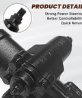 Close-up of Heavy Duty Premium Power Steering Gearbox for 88 Through 00 Chevy GMC C1500 K1500, showcasing black finish and connection details.