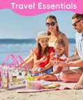 Family enjoying a beach picnic with Six Pack Clear PVC Toy Storage Bags With Zipper Handles Large Capacity Waterproof Travel Organizer visible.