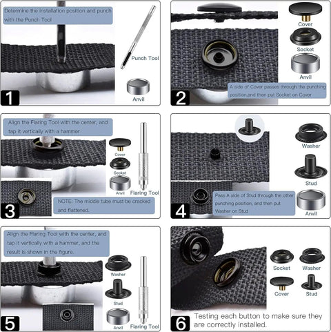 Step-by-step guide using 18 Sets Snap Fastener Kit 15mm Metal Snaps For Leather Bags Jeans Clothes And Fabric Black Great For Bag Making And Garment Repairs With Easy To Install Tools DIY Ready.