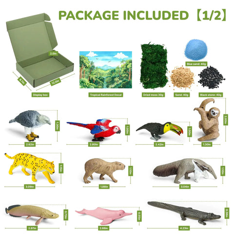 Rainforest Diorama Kit With 33 Pieces PVC Animals And Insects, Miniature Trees, Moss, Sand And Stones, Display Box And Backdrop