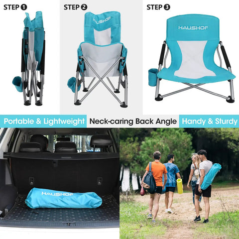Low Beach Chair With Mesh Back And Cup Holder, Foldable Camp Chair for Outdoor Use, foldable in three steps, carry bag shown