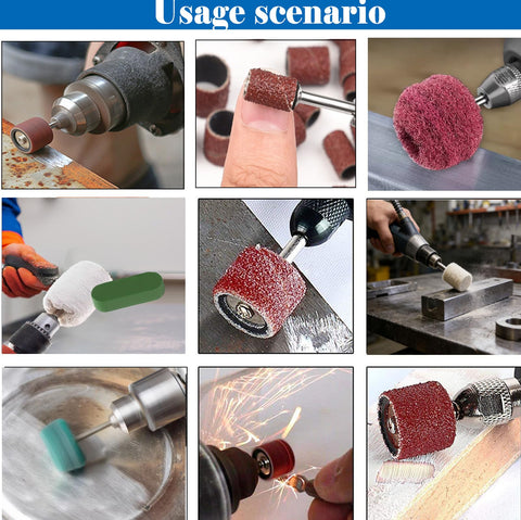 185 Piece Wool Felt Polishing Kit with sanding drum in rotary tools on metal and wood surfaces