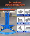 24 Inch Industrial Magnetic Pan And Box Heavy Duty Sheet Metal Brake Workhorse displaying bending capabilities for various shapes