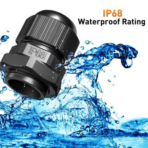 IP68 rated black plastic waterproof cable gland with splash of water, part of the Value Packed 25 Pack Plastic Waterproof Cable Glands Set For 3.5 To 13 Mm Cables Includes PG7 PG9 PG11 PG13.5 And PG16 Sizes Black Wire Glands Joints And Protectors For Enclosures Electrical Boxes Outdoor Projects.