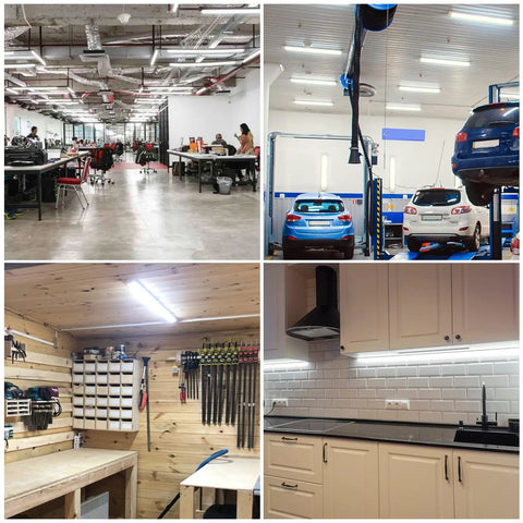 LED Shop Light 4ft 40W 5500LM 5000K Daylight White V Shape Linkable T8 installed in garage, office, workshop, and kitchen