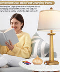 Gold 29 Inch Table Lamps Set of 2 for Living Room shown with USB ports and white shade next to person reading a book.