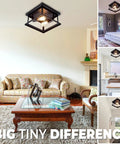 Black Two Light Farmhouse Flush Mount Ceiling Light Fixture in cozy rustic living room, kitchen, bedroom, hallway setup