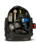 Heavy Duty Tool Backpack With Waterproof Base for Easy Tool Organization, showing interior compartments with tools and accessories