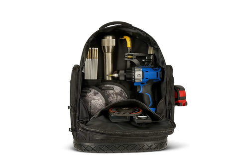 Heavy Duty Tool Backpack With Waterproof Base for Easy Tool Organization, showing interior compartments with tools and accessories