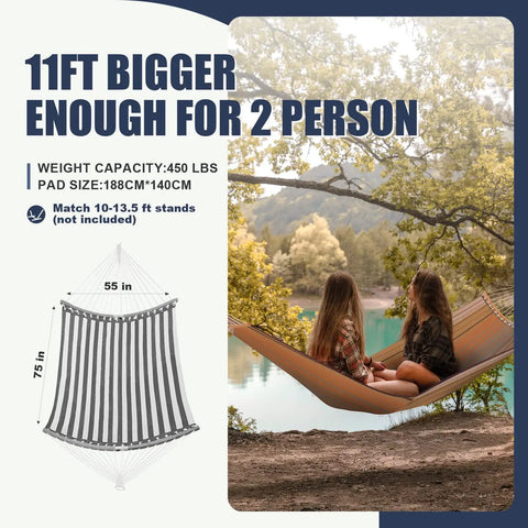 11 Ft Quick Dry Hammock With Folding Curved Bamboo Spreader Bar, Totally Portable Outdoor Hammock For Camping, Patio Or Beach, Water Resistant And UV Resistant, Two Person Comfort, 77 In By 55 In, 450 Lb Capacity