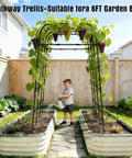 Child watering plants under 7 Ft Adjustable Garden Arch Trellis For Climbing Plants, Heavy Duty Rustproof Stainless Steel Cucumber Support.