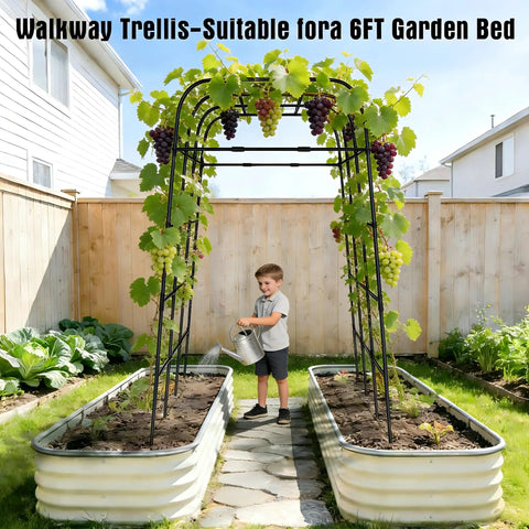 Child watering plants under 7 Ft Adjustable Garden Arch Trellis For Climbing Plants, Heavy Duty Rustproof Stainless Steel Cucumber Support.