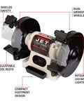Eight Inch Bench Grinder With Integrated Led Work Lights And Built In Coolant Tray Powered By One Half Hp Motor Delivering Three Thousand Four Hundred Fifty Rpm showing adjustable tool rests and eye shields.