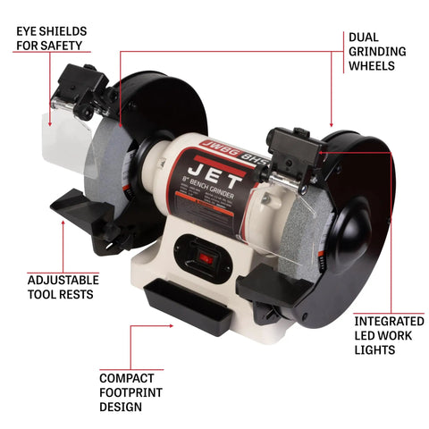 Eight Inch Bench Grinder With Integrated Led Work Lights And Built In Coolant Tray Powered By One Half Hp Motor Delivering Three Thousand Four Hundred Fifty Rpm showing adjustable tool rests and eye shields.