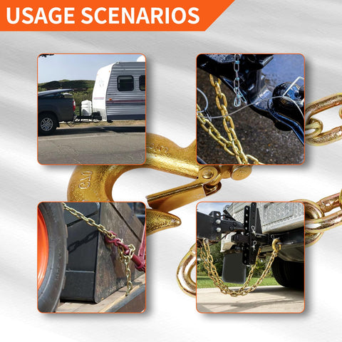 Two Pack Three Eighths Inch By Thirty Five Inch Grade 70 Trailer Safety Chains With Clevis Grab Hooks On Each End For Heavy Duty Cargo Securing 24,500 Lbs Working Load Limit usage scenarios