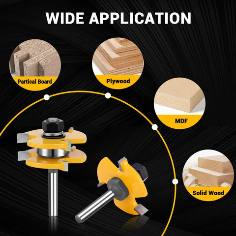 2 Pack Tongue And Groove Router Bit Set 1/4 Inch Shank, Adjustable 3 Tooth T Style Bits for Particle Board, Plywood, MDF, and Solid Wood