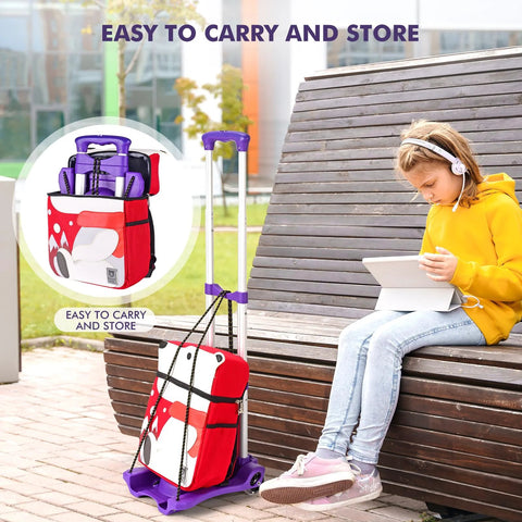 Side view of purple Home-Man folding hand truck with 4 wheels and elastic straps, carrying luggage.