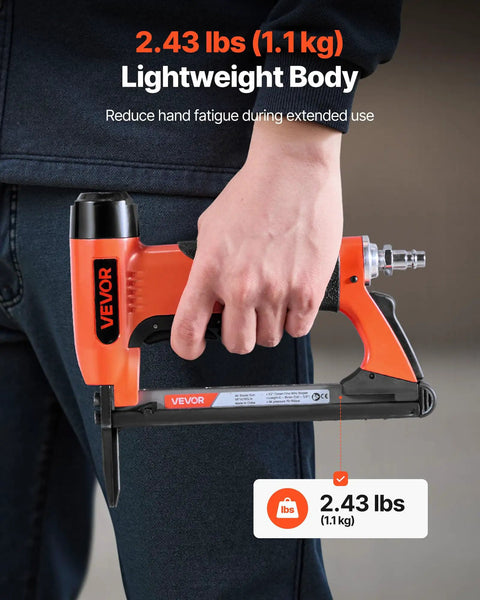Pro Grade 20 Gauge Pneumatic Staple Gun Featuring A Slick Long Nose Built For 50 Series Fine Wire Staples 1/2 Crown And 1/4 To 5/8 Length Holds Up To 110 No Sweat Loading Quick Air Coupling Totally Sweet For Upholstery And Diy, lightweight body at 2.43 lbs.