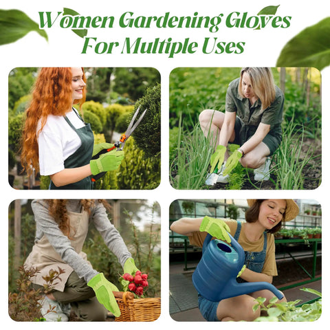 Women wearing gardening gloves with 3D mesh breathable leather for yard work, shown pruning, kneeling, gathering, and watering.