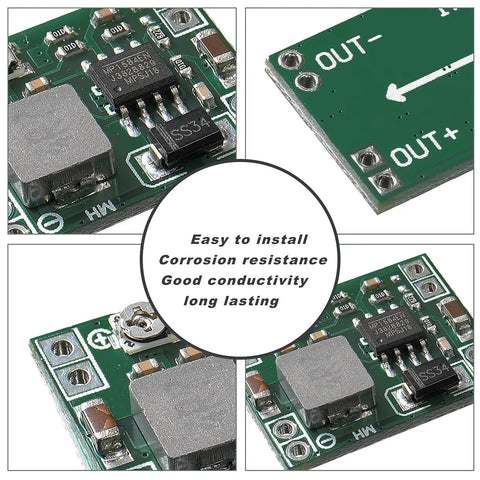 Close-up of Six Channel Buck Converter MP1584EN DC-DC Step Down Regulator Module showing circuit details and components.