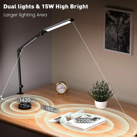 LED Desk Lamp With Clamp Clip On illuminating desk with clock and plant, showcasing 16 inch swivel head and adjustable brightness