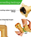 Two Pack Brass 90 Degree Garden Hose Elbow Connectors for Three Quarters Inch Hoses showing leak prevention design in hands