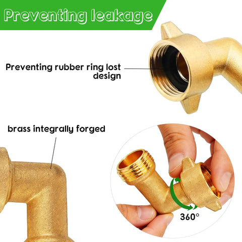Two Pack Brass 90 Degree Garden Hose Elbow Connectors for Three Quarters Inch Hoses showing leak prevention design in hands