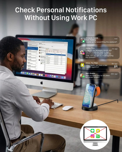 Office desk with monitor, phone, 3 In 1 Wireless Charging Station For iPhone Apple Watch And AirPods No Fuss All In One USB-C Dock