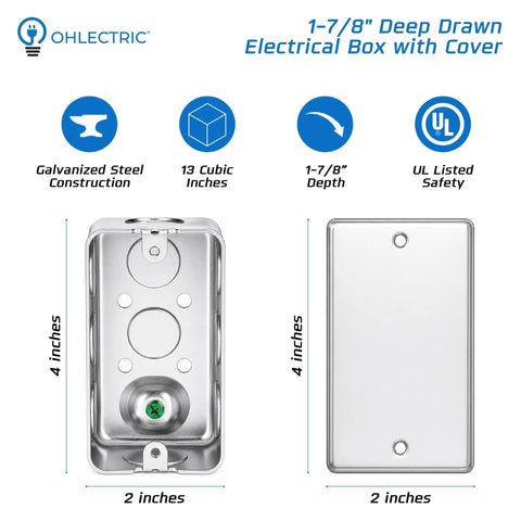4x2 Electrical Junction Boxes With Blank Covers Built Tough, Heavy-Duty Galvanized Steel Handy Box, 1-7/8 Inch Deep, 13 Cu In Capacity, 10x1/2 Knockouts, Industrial Metal Outlet Box, 10 Pack image showing front and back view with dimensions