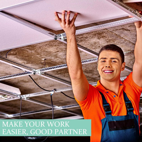 Worker using Six Pack Stainless Steel Lever Action Grid Clamps Built to Last Rustproof Tile Mounting Grip for ceiling installation.