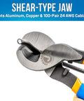 Heavy Duty High Leverage Cable Cutter With Knuckle Safe Flared Handles And Tough As Nails Chrome Vanadium Steel Blades, cutting aluminum and copper.