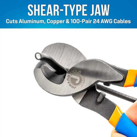 Heavy Duty High Leverage Cable Cutter With Knuckle Safe Flared Handles And Tough As Nails Chrome Vanadium Steel Blades, cutting aluminum and copper.
