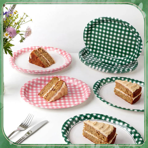 48 Pack Camp Gingham Paper Plates 10 By 12 Inches Large Picnic Style Plaid Plates In Two Colors And Four Styles with cake slices