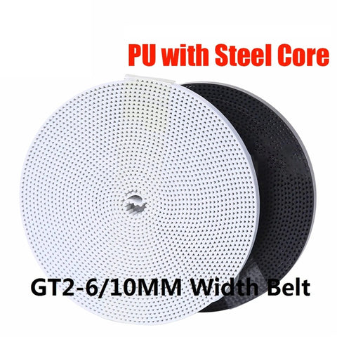 Top Shelf GT2 Timing Belt Featuring PU Coated Steel Core For 3D Printers, 6/10MM width belts in black and white.