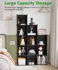 12 Cube Storage Organizer Shelving Unit With DIY Plastic Modular Book Shelf Cubby Cabinet For Bedroom Living Room And Home Office In Black 36.6 Long 12.4 Wide 48.4 High displayed with toys and decor in a bedroom setting.