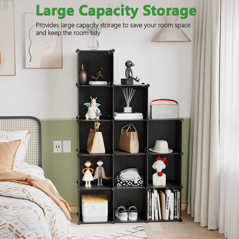 12 Cube Storage Organizer Shelving Unit With DIY Plastic Modular Book Shelf Cubby Cabinet For Bedroom Living Room And Home Office In Black 36.6 Long 12.4 Wide 48.4 High displayed with toys and decor in a bedroom setting.
