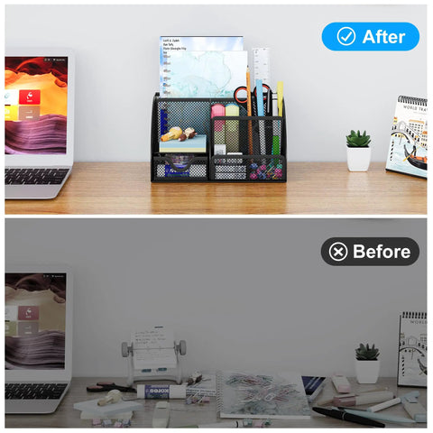 Before and after of a desk with the Durable Mesh Desk Organizer With Drawer Six Compartment Pen Holder And Stationery Organizer.