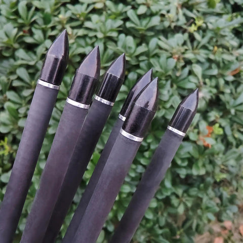 Five black carbon crossbow bolts with 100 grain removable tips, arranged in front of green foliage.