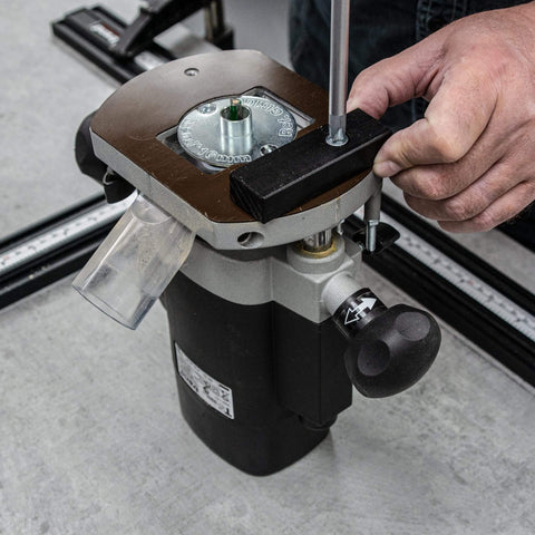 Close-up of an Adjustable Router Jig Frame and Guide System for Cutting Square and Rectangular Recesses, Slots, and Face Panel Molds.