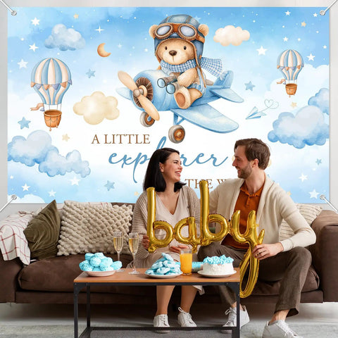 Airplane Baby Shower Banner With Little Explorer Vibe And Hot Air Balloons Boy Shower Backdrop 6 By 3 Point 6 Ft Photo Background Easy Hang Decor For A Fun Kid Friendly Party, featuring a teddy bear in a plane.