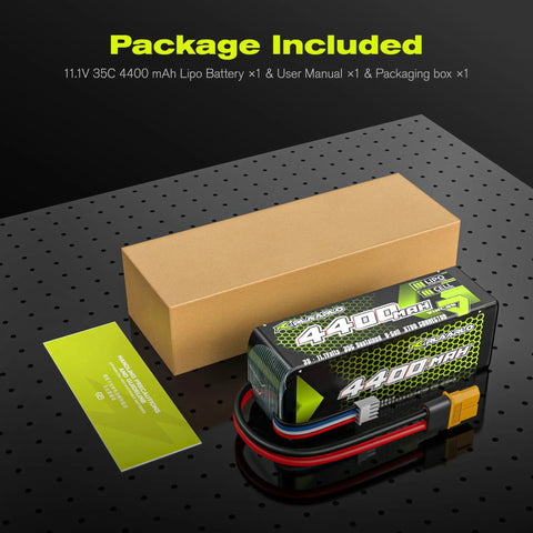 3S LiPo Battery 4400mAh 11.1V 35C With XT60 Connector for RC models, shown with packaging and manual on perforated surface
