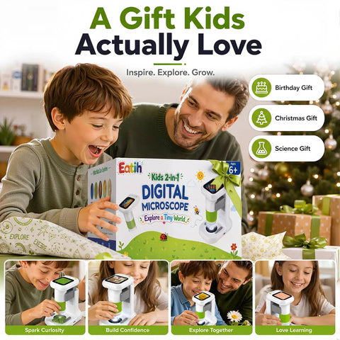 2 in 1 Digital Microscope for Kids, Handheld and Desktop STEM Toy for Exploring Leaves, Bugs, Coins, Fabrics, and More at Home, School, or Outdoors, Awesome for Curious Minds, green gift box