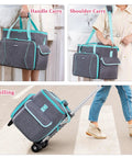Rolling Sewing Machine Case With Wheels And Detachable Wheel Frame, carried by handles, shoulder strap, and rolling on pavement.